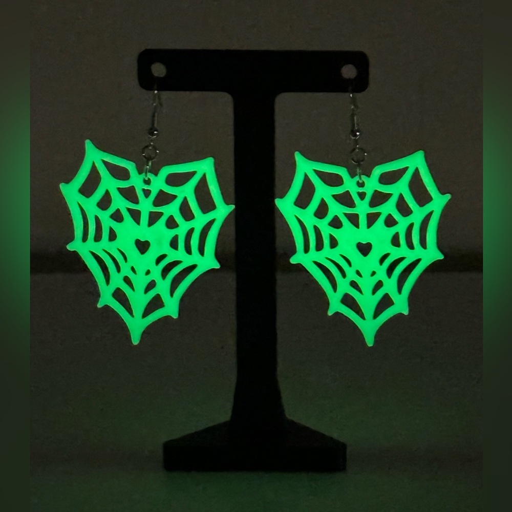 Glow in the dark spiderweb heart earrings